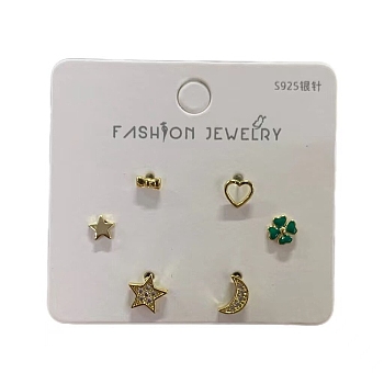 6 Pcs Brass Mirco Pave Clear Cubic Zirconia Ear Studs, with 925 Sterling Silver Pins, Moon & Star & Bowknot & Flower & Heart, Golden, 2.5~8x5~7.5mm