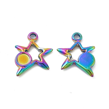 Ion Plating(IP) 304 Stainless Steel Pendants Cabochon Settings, Star with Round Tray, Rainbow Color, 14.5x13x2mm, Hole: 1.6mm, Tray: 4mm