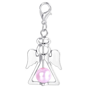 Alloy Angel Pendant Decorations, with CCB Imitation Pearl, Pearl Pink, 4.4x1.9cm
