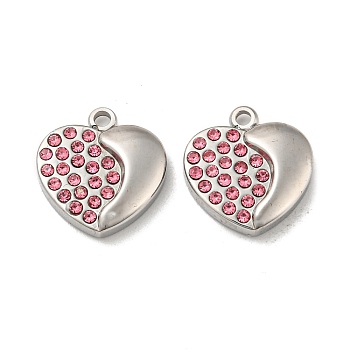 Real 14K Gold Plated 304 Stainless Steel Charms, with Rhinestone, Heart, Light Rose, 13.5x13x3mm, Hole: 1.4mm