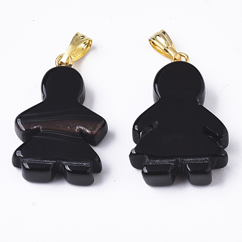 Natural Agate Pendants, with Golden Plated Metal(Brass or Iron Materials Random Delivery) Snap On Bails, Dyed, Girl, Black, 24x16.5x5.5mm, Hole: 2x5mm