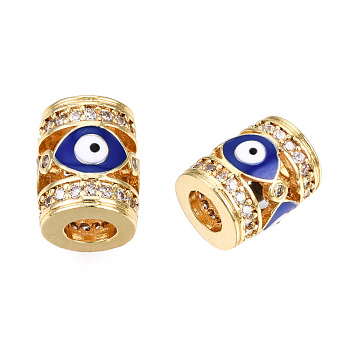 Brass Micro Pave Cubic Zirconia Beads, with Enamel, Real 18K Gold Plated, Column with Evil Eye, Nickel Free, Dark Blue, 11.5x9.5mm, Hole: 4.5mm