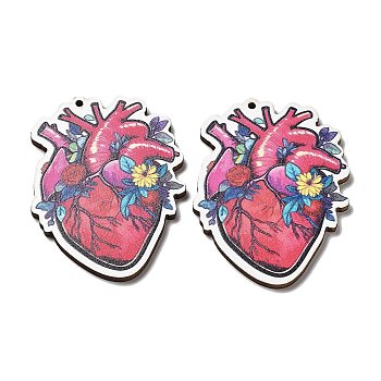 Single Face Printed Wood Big Pendants, Valentine's Day Charms, Heart, 54x40x2.5mm, Hole: 1.8mm