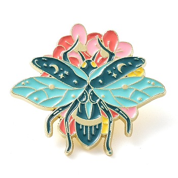 Insect with Flower Enamel Pins, Light Gold Zinc Alloy Brooches for Women, Insects, 30.5x34.5x1.5mm