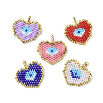 Handmade MIYUKI Japanese Seed Loom Pattern Seed Beads, Heart with Evil Eye Pendants, Mixed Color, 23.5~24x22.5x2mm, Hole: 3.5mm