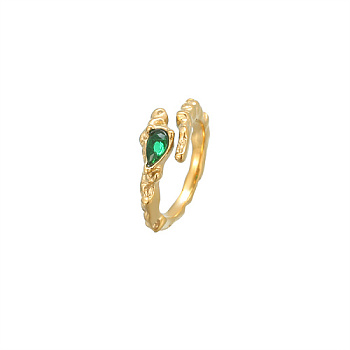 Golden Stainless Steel Open Cuff Ring, with Teardrop Glass, Green, US Size 7(17.3mm)
