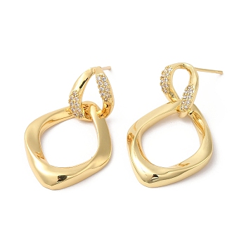 Clear Cubic Zirconia Twist Rhombus Dangle Stud Earrings, Brass Jewelry for Women, Real 18K Gold Plated, 32x20mm