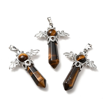 Natural Tiger Eye Pendants, Angel Charms, with Rack Plating Platinum Tone Brass Findings, Cadmium Free & Lead Free, 52~53x37x11mm, Hole: 8x5mm