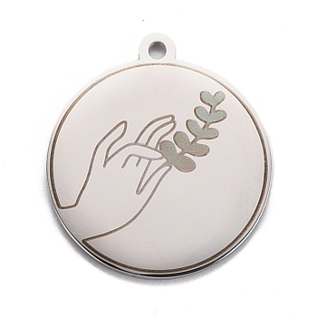 304 Stainless Steel Pendants, Flat Round with Hand & Grass, Stainless Steel Color, 28x25x1.4mm, Hole: 2mm