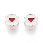 925 Sterling Silver Enamel Flat Round with Red Heart Beads, with 925 Stamp, Silver, 5~5.5x3.5mm, Hole: 1.2~1.4mm(STER-T009-22S)