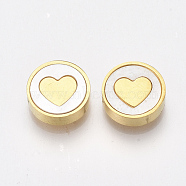 304 Stainless Steel Beads, with Shell, Flat Round with Heart, Golden, 10x3mm, Hole: 1.6mm(X-STAS-T045-12G)