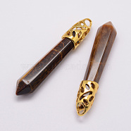 Natural Tiger Eye Big Pointed Pendants, with Alloy Findings, Bullet, Golden, 57~63x13x10mm, Hole: 3x4mm(G-D860-C36-G)