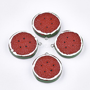 Resin Pendants, with Platinum Tone Iron Findings, Imitation Food, Watermelon, Red, 35~37x32~33x9.5~10mm, Hole: 2mm(RESI-T028-58)