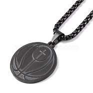 Titanium Steel Pendant Necklaces, Box Chain, Flat Round with Basketball, Black, 23.82 inch(60.5cm)(NJEW-L122-01EB)