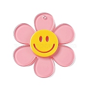 Transparent Acrylic Big Pendants, Sunflower with Smiling Face Charm, Pink, 55x50.5x6mm, Hole: 2.5mm(OACR-P012-A03)