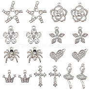 SUPERFINDINGS 36Pcs 9 Styles Alloy Rhinestone Pendants, Crystal, Flower & Heart & Crown & Dancer & Spider & Cross, Platinum, 14~31.5x12~23.5x2~6mm, Hole: 1~2mm, 4pcs/style(ALRI-FH0001-09)