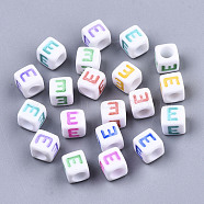 Opaque White Acrylic Beads, with Enamel, Horizontal Hole, Cube with Mixed Color Letter, Letter.E, 6x6x6mm, Hole: 3mm(X-SACR-R252-02E)