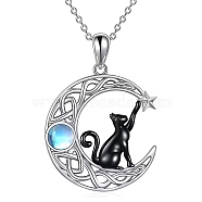 Black Cat Moonstone Necklace Black Cat on the Moon Pendant Necklace Cute Lucky Cat Necklace Jewelry Gifts for Women Cat Lovers, Platinum, 15.75 inch(40cm)(JN1112A)