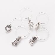 Wine Glass Charm for Christmas, with Brass Finding, Mixed Shape Alloy Pendants, Antique Silver, 36~50mm, 16~26x10~14x2~3mm(AJEW-JO00160)