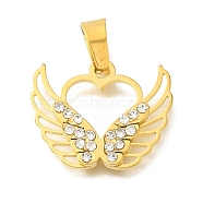 304 Stainless Steel Pendants, with Crystal Rhinestone, Heart with Wing Charm, Real 18K Gold Plated, 17x21x2.8mm, Hole: 7.5x3.5mm(STAS-Z092-02G)