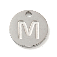 304 Stainless Steel Pendants, Laser Cut, Flat Round with Letter Charm, Stainless Steel Color, Letter M, 10x1mm, Hole: 1.4mm(FIND-M017-02P-M)