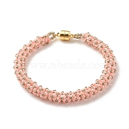 Glass Seed Beaded Bracelet with Brass Magnetic Clasps, Braided Bracelet for Women, Pink, 7-1/2 inch(19cm)(BJEW-JB07801-04)