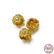 925 Sterling Silver Beads, with Cubic Zirconia, Square with Flower, Real 18K Gold Plated, 4.7x6.1x6.1mm, Hole: 1.8mm(STER-K176-12G)