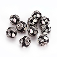 Handmade Indonesia Beads, with Rhinestone and Metal Findings, Round, Antique Silver, Black, 14.5~15x14~14.5mm, Hole: 1.5mm(IPDL-G014-01AS-01)