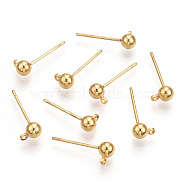 Brass Stud Earring Findings, with Loop, Nickel Free, Real 18K Gold Plated, 15mm, Hole: 1.2mm, Ball: 4mm in diameter, Pin: 0.7mm(KK-I649-10G-NF)