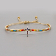Adjustable Nylon Cord Braided Bead Bracelets, with Glass Seed Beads, Cross, Colorful, 11 inch(28cm)(BJEW-C011-08E)