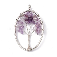 Oval Natural Amethyst Copper Wire Wrapped Chip Big Pendants, Tree of Life Charm, with Platinum Tone Iron Findings, 59x36x8mm, Hole: 6.2mm(G-E195-06P)
