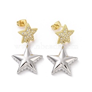 Two Tone Brass Micro Pave Clear Cubic Zirconia Dangle Stud Earrings, Platinum & Golden, Star, 33x19.5mm(EJEW-M243-01B-GP)