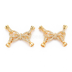 Brass Micro Pave Clear Cubic Zirconia Fold Over Clasps, Nickel Free, Bowknot, Real 18K Gold Plated, 13.5x26.5x4.5mm, Clasp: 12x5.5x6.5mm, Inner Diameter: 3.5mm(KK-S354-315-NF)
