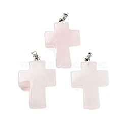 Natural Rose Quartz Pendants, Religion Cross Charms with Rack Plating Platinum Tone Brass Snap on Bails, 35x23x9mm, Hole: 7x4mm(G-A231-02F)