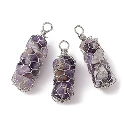 Rack Plating Copper Wire Wrapped Natural Amethyst Chip Big Pendants, Macrame Gems Charms, Cadmium Free & Lead Free, Platinum, 45.5~56x17~20x17~22mm, Hole: 5~6.5mm(G-C130-01P-02)