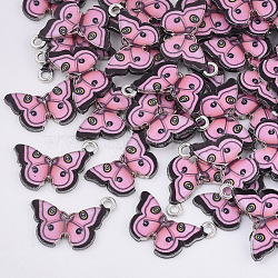 Printed Alloy Pendants, with Enamel, Butterfly, Platinum, Pink, 13.5x20x2mm, Hole: 1.6mm(X-PALLOY-R111-20)