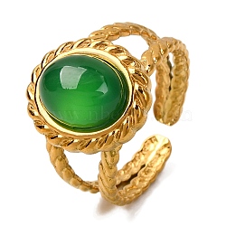 Oval Natural Dyed & Heated Green Onyx Agate Finger Rings, Golden Tone 304 Stainless Steel Cuff Rings for Women Men, Inner Diameter: Adjustable(RJEW-Q822-25G-02)