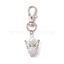 Angel Polymer Clay Rhinestone Pendant Decorations, with Glass Pearl Beads, Alloy Swivel Lobster Claw Clasps, White, 6.1cm(HJEW-JM01746)