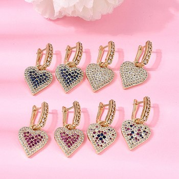 Brass Micro Pave Cubic Zirconia Hoop Dangle Earrings, Heart, Rack Plating, Long-Lasting Plated, Cadmium Free & Lead Free, Real 18K Gold Plated, Mixed Color, 32x16.5mm