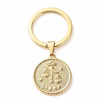 304 Stainless Steel Pendants Keychain, with 304 Stainless Steel Split Key Rings, Flat Round with Twelve Constellations, Libra, 6.2cm