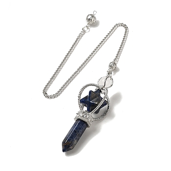 Natural Lapis Lazuli Dowsing Pendulums, with Platinum Plated Alloy Chains, Merkaba Star Truncheon Charm, Reiki Wicca Witchcraft Balancing Pointed Pendant Pendulum, 310~315mm, Hole: 2mm