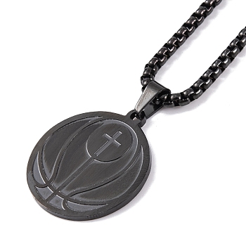 Titanium Steel Pendant Necklaces, Box Chain, Flat Round with Basketball, Black, 23.82 inch(60.5cm)