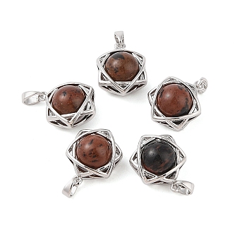 Natural Mahogany Obsidian Round Pendants, Stainless Steel Star of David Charms, Stainless Steel Color, 20x15.5x10.5mm, Hole: 3x5mm