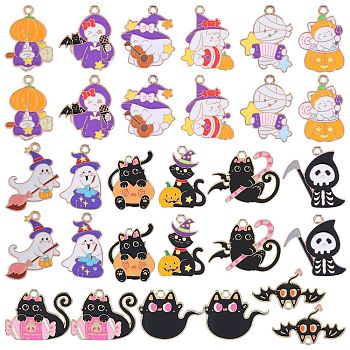 30Pcs 15 Styles Alloy Enamel Pendant Halloween Cartoon Cat Cartoon Pendant DIY Jewelry Accessories, Golden, 32.5x22.5mm, Hole: 2mm