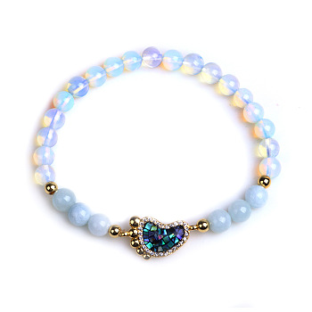 Opalite Stretch Bracelets, with Brass Micro Pave Cubic Zirconia and Paua Shell Findings, Footprint, 6mm
