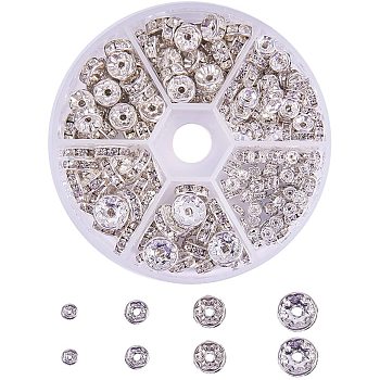 Brass Rhinestone Spacer Beads, Grade AAA, Straight Flange, Rondelle, Silver, Crystal, 4x2mm, Hole: 1mm, 6x3mm, Hole: 1mm, 8x3.8mm, Hole: 1.5mm, 10x4mm, Hole: 2mm, Plastic Box: 8x2cm