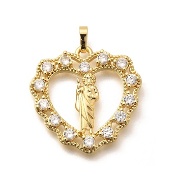 Religion Themed Rack Plating Brass Micro Pave Cubic Zirconia Pendants, Long-Lasting Plated, Lead Free & Cadmium Free, Mixed Shape Charms, Heart, 30x30x4.5mm, Hole: 5x3mm