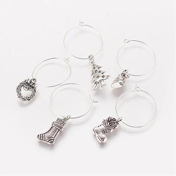 Wine Glass Charm for Christmas, with Brass Finding, Mixed Shape Alloy Pendants, Antique Silver, 36~50mm, 16~26x10~14x2~3mm