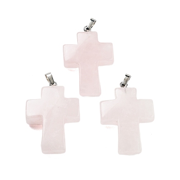 Natural Rose Quartz Pendants, Religion Cross Charms with Rack Plating Platinum Tone Brass Snap on Bails, 35x23x9mm, Hole: 7x4mm