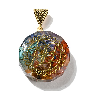 7 Chakra Stone Resin Pendants, Polygon Charms with Antique Golden Plated Snap on Bails, 41x35x11mm, Hole: 4.8x8.7mm